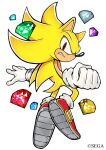  1boy chaos_emerald floating furry furry_male gloves hankuri looking_at_viewer male_focus red_eyes shoes simple_background solo sonic_(series) sonic_the_hedgehog super_sonic uekawa_yuji_(style) white_background white_gloves 