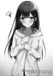  1girl artist_name blush breasts clothes_grab collarbone commentary_request copyright_name copyright_notice danjo_no_yuujou_wa_seiritsu_suru? enomoto_rion frown greyscale hair_ornament hairclip highres hood hoodie long_hair looking_at_viewer monochrome novel_illustration official_art parum39 second-party_source simple_background solo squiggle upper_body very_long_hair white_background 