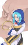  1boy 1girl blue_eyes blue_hair commentary dress highres hood kakone kesa kumoi_ichirin long_sleeves looking_at_viewer medium_hair one-hour_drawing_challenge simple_background touhou unzan white_dress 