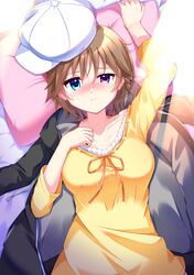  1girl aqua_eyes arm_up black_hoodie blush breasts brown_hair clenched_hand closed_mouth collarbone commentary_request cowboy_shot dress hair_between_eyes hand_up hapymaher hat head_on_pillow heterochromia highres hood hoodie large_breasts long_sleeves looking_at_viewer lying mate_(oktavia1121) nose_blush on_back on_bed open_clothes open_hoodie orange_ribbon pillow pillow_grab red_eyes ribbon ribbon-trimmed_dress short_hair smile solo spiky_hair spoilers tears toriumi_yuuko unworn_hoodie white_hat yellow_dress 