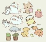  &gt;_&lt; animal animal_focus ayu_(mog) bird black_eyes blush_stickers bow cactus cat chick cup duck fish food frog fruit holding holding_cup mandarin_orange no_humans octopus open_mouth original plant potted_plant simple_background smile solid_circle_eyes tongue tongue_out yellow_bow 