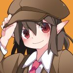  1girl blush brown_hair brown_hat brown_jacket closed_mouth collared_shirt commentary_request fingernails flat_cap hammer_(sunset_beach) hand_on_headwear happy hat jacket long_sleeves looking_at_viewer necktie orange_background pointy_ears red_eyes red_necktie shameimaru_aya shameimaru_aya_(newsboy) shirt short_hair simple_background smile solo touhou upper_body white_shirt 