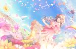  1girl :d blue_sky braid brown_hair clouds crown_braid dress dutch_angle falling_flower field flower flower_field fujishima_megumi game_cg hair_flower hair_ornament highres layered_dress link!_like!_love_live! long_hair looking_at_viewer looking_back love_live! off-shoulder_dress off_shoulder official_art pink_dress pink_flower short_sleeves sky smile solo standing teeth third-party_source upper_teeth_only violet_eyes virtual_youtuber yellow_flower yours_ever_(love_live!) 