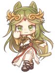  1girl :3 absurdres animal_ears belt brown_belt chibi chibi_only closed_mouth dress full_body green_eyes green_hair highres kemonomimi_mode kid_icarus long_hair looking_at_viewer no_nose palutena simple_background solo thigh-highs white_background white_dress white_thighhighs yuukichi_(yu_kiti27) 