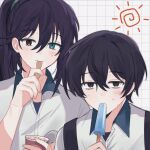  2boys black_eyes black_hair blue_eyes blush closed_mouth collared_shirt food grid_background heterochromia high_ponytail holding holding_food holding_popsicle hong_lu_(project_moon) limbus_company long_hair looking_at_viewer male_focus mokapome multiple_boys popsicle project_moon school_uniform shirt simple_background smile sweat upper_body very_long_hair white_background white_shirt yi_sang_(project_moon) 