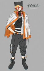  1boy alternate_costume animal_hat artist_name axel_syrios belt black_footwear black_pants black_shirt blonde_hair blue_eyes boots bracelet braid cargo_pants choker drawstring earrings eyebrow_piercing grey_background hair_between_eyes hand_in_pocket hat highres holostars holostars_english hood hood_down hooded_jacket jacket jacket_on_shoulders jewelry male_focus medium_hair multicolored_hair multiple_belts pants piercing redhead screetuber shirt smile tight_clothes twin_braids two-tone_hair virtual_youtuber zipper 