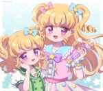  2girls :d avocado_academy_school_uniform blonde_hair blue_background blue_bow blue_sailor_collar bow bracelet center_frills commentary_request dual_persona frills green_shirt hair_bow hair_ornament hand_on_own_cheek hand_on_own_face holding holding_microphone idol_clothes idol_time_pripara jewelry long_hair looking_at_viewer microphone multiple_girls open_mouth pink_bow pink_shirt pretty_series pripara puffy_short_sleeves puffy_sleeves purple_bow ringlets sailor_collar school_uniform shirt short_hair short_sleeves smile star_(symbol) star_hair_ornament tabana two_side_up upper_body violet_eyes yumekawa_yui 