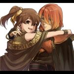  1boy 1girl :d armor bare_shoulders bow bracelet brother_and_sister brown_cape brown_eyes brown_hair cape delthea_(fire_emblem) dress fang fire_emblem fire_emblem_echoes:_shadows_of_valentia glaring hair_between_eyes hair_bow hand_on_another&#039;s_shoulder highres jewelry kometubu0712 letterboxed looking_at_viewer looking_back luthier_(fire_emblem) open_mouth orange_hair ponytail siblings simple_background smile upper_body white_background yellow_bow yellow_dress 