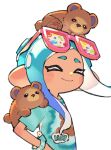 1girl ^_^ animal_on_head animal_on_shoulder animal_print bear bear_print blue_hair blue_shirt blush_stickers closed_eyes closed_mouth commentary_request cub eyewear_on_head hand_on_own_hip highres inari1369 inkling_(language) long_hair octoling octoling_girl octoling_player_character on_head pink-framed_eyewear print_shirt shirt short_sleeves simple_background smile solo splatoon_(series) splatoon_3 suction_cups sunglasses tentacle_hair upper_body white_background wristband 