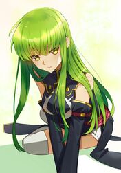  07nono06 1girl absurdres black_sleeves breasts c.c. code_geass detached_sleeves green_hair hair_between_eyes highres long_hair long_sleeves medium_breasts order_of_the_black_knights_uniform parted_lips short_shorts shorts solo straight_hair thigh-highs white_background white_shorts white_thighhighs yellow_eyes 