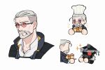  1boy 1other animification apex_legends ballistic_(apex_legends) black_helmet black_jacket bloodhound_(apex_legends) chef_hat chibi chinese_commentary cowlick facial_hair food goatee goggles grey_hair hair_behind_ear hat helmet highres jacket muffin multiple_views rebreather shirt smile sunglasses white_background white_hat white_shirt zhuyishanren 