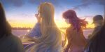  2girls blonde_hair brown_jacket couple highres jacket kaleido_star layla_hamilton long_hair looking_at_another looking_to_the_side multiple_girls naegino_sora ocean rekari_(rekari628) sunrise sunset very_long_hair yuri 