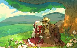  2girls absurdres bessmert_(reverse:1999) blue_eyes blue_pants blue_sky bobby_(krill) book boots brown_coat brown_footwear brown_gloves brown_helmet brown_shirt clouds coat cross-laced_footwear cross_tie dappled_sunlight day flower full_body fur_hat gloves goggles goggles_on_headwear grass green_neckerchief hair_over_one_eye hat helmet highres holding holding_book lace-up_boots long_sleeves miniskirt mountain multiple_girls nature neckerchief one_eye_covered open_book outdoors pants pants_tucked_in pants_under_skirt picnic_blanket pith_helmet reading red_skirt redhead reverse:1999 shirt sidelocks sitting skirt sky sunlight tree ushanka white_flower white_hat white_pants white_shirt yenisei_(reverse:1999) 