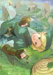  alternate_size blonde_hair blue_eyes boots fado_(ocarina_of_time) giant green_hat green_tunic hat highres kokiri ladder leather leather_boots link lying on_back pants pra_11 saria_(zelda) the_legend_of_zelda the_legend_of_zelda:_ocarina_of_time white_pants 