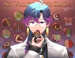  1boy beatmania_iidx black_nails black_shirt blue_hair braid braided_ponytail brown_background chain_necklace chocolate coat commentary_request dr._phi eating fingernails food glasses gradient_hair hair_between_eyes hair_over_shoulder half-closed_eyes highres holding holding_food jewelry lab_coat long_bangs long_hair long_sleeves looking_at_viewer male_focus mitarashi_tsukune multicolored_hair necklace open_mouth parted_bangs pink_hair rimless_eyewear round_eyewear shirt single_braid solo tongue tongue_out twitter_username upper_body violet_eyes white_coat 