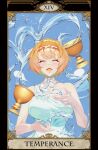  1girl alice_margatroid alternate_costume beji-kun blonde_hair breasts chalice closed_eyes commentary_request cookie_(touhou) cup dress frilled_hairband frills hairband highres hinase_(cookie) large_breasts medium_bangs open_mouth orange_hairband short_hair single_strap smile solo tarot tarot_(medium) temperance_(tarot) touhou upper_body water white_dress 