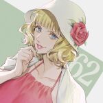  1girl blonde_hair blue_eyes blunt_bangs cardigan commentary dress flower flower_in_hat green_background hat numbered one_piece pink_dress pink_lips red_flower red_rose rose short_hair smile solo stussy_(one_piece) upper_body white_cardigan yoshicha 