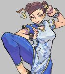  1girl :&gt; blue_pants bracelet breasts brown_eyes brown_hair china_dress chinese_clothes chun-li cleavage_cutout clothing_cutout commentary double_bun dress english_commentary fighting_stance hair_bun hair_ribbon jewelry medium_breasts nycnouu pants ribbon smile solo standing standing_on_one_leg street_fighter street_fighter_6 
