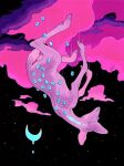  animal animal_focus crescent_moon deer dripping falling fawn fleebites from_behind highres moon neon_palette night night_sky no_humans original pink_clouds purple_clouds purple_fur purple_theme runes sky star_(sky) tiles traditional_media upside-down 