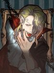  1boy blonde_hair cape collared_cape commentary_request curly_eyebrows facial_hair fangs frilled_shirt frills hair_over_one_eye highres looking_to_the_side male_focus medium_hair mrjieshisu mustache_stubble one_piece pointy_ears red_eyes sanji_(one_piece) shirt solo stubble tongue tongue_out upper_body vampire 