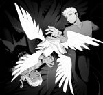  2boys black_background book dark-skinned_male dark_skin dungeon_meshi elf feathered_wings green_eyes hand_up highres laios_touden long_sleeves looking_at_object male_focus multiple_boys pants parted_lips pointy_ears robodumpling short_hair simple_background spot_color thistle_(dungeon_meshi) undercut upside-down very_short_hair violet_eyes wings 