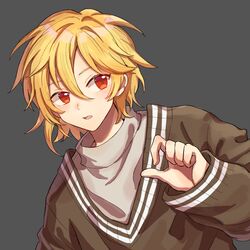  1boy androgynous bishounen blonde_hair brown_sweater ensemble_stars! grey_background grey_sweater hand_up highres layered_clothes leaning_to_the_side looking_to_the_side male_focus matako messy_hair nito_nazuna parted_lips portrait red_eyes sideways_glance simple_background sweater tongue turtleneck turtleneck_sweater 