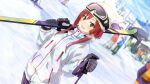  22/7 22/7_ongaku_no_jikan black_gloves blurry blush breath depth_of_field dutch_angle game_cg gloves goggles highres holding_ski_pole jacket lens_flare long_hair long_sleeves looking_at_viewer non-web_source official_art outdoors red_eyes redhead sato_reika sidelocks ski_goggles ski_lift ski_pole skis smile snow solo_focus sparkle straight_hair sunlight teeth upper_body upper_teeth_only white_jacket 