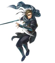  1boy armor brown_hair eyepatch fire_emblem fire_emblem:_radiant_dawn fire_emblem_heroes full_body haar_(fire_emblem) haar_(ninja)_(fire_emblem) hair_slicked_back highres holding holding_sword holding_weapon japanese_armor japanese_clothes kita_senri male_focus mature_male ninja non-web_source official_art solo sword transparent_background waraji weapon 