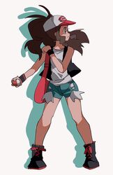  1girl antenna_hair baseball_cap black_footwear black_vest blue_eyes blue_shorts boots brown_hair closed_mouth cross-laced_footwear cutoffs drop_shadow frown hat hilda_(pokemon) holding holding_poke_ball lace-up_boots legs_apart long_hair open_clothes open_vest poke_ball poke_ball_(basic) pokemon pokemon_bw ponytail shichibee_(stm_mimi) shirt shorts simple_background solo standing vest white_background white_shirt wristband 