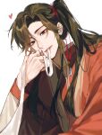  1boy absurdres bishounen black_eyes black_hair chinese_clothes hair_ribbon hambi heart highres hua_cheng long_hair looking_at_viewer male_focus mouth_hold ponytail red_ribbon red_robe ribbon ribbon_in_mouth robe simple_background smile solo tianguan_cifu white_background white_ribbon wide_sleeves 