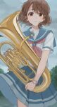  1girl absurdres blue_sailor_collar blue_skirt brown_eyes brown_hair closed_mouth clothes_lift euphonium expressionless floating_clothes hibike!_euphonium highres holding holding_instrument instrument kitauji_high_school_uniform light_blush looking_at_viewer neckerchief ogura_(sao_no) oumae_kumiko outdoors overcast pink_neckerchief pleated_skirt sailor_collar school_uniform shirt short_hair short_sleeves skirt skirt_lift sky solo split_mouth summer_uniform tree watch watch white_shirt wind wind_lift 