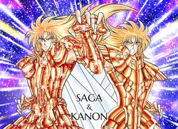  2boys armor blonde_hair blue_eyes brothers cape character_name fingerless_gloves fingernails floating_hair gemini_kanon gemini_saga glint gloves gold_armor gold_gloves gold_saint hand_up high_collar kurumada_masami_(style) long_hair looking_at_viewer male_focus multiple_boys open_mouth ouki_shingo parody pauldrons purple_background saint_seiya shoulder_armor siblings sparkle star_(sky) starry_background style_parody symmetrical_pose twins v-shaped_eyebrows white_cape white_nails 