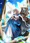  1boy absurdres antinese arthropod_boy blanca_(fate) blue_butterfly blue_cape blue_eyes bug butterfly butterfly_wings cape crown diamond_hairband fate/grand_order fate_(series) full_body fur-trimmed_cape fur_trim grey_hair highres insect_wings long_sleeves male_focus medium_hair moth oberon_(fate) oversized_insect shirt sitting smile wings 