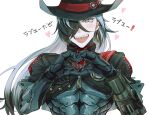  1boy :d black_hair black_hat black_jacket blush boke_aho_nara boothill_(honkai:_star_rail) bullet_earrings commentary cowboy_hat cropped_jacket crosshair_pupils cyborg ear_piercing earrings grey_eyes hair_over_one_eye hat heart heart_hands highres honkai:_star_rail honkai_(series) jacket jewelry long_hair looking_at_viewer male_focus medal mole mole_under_eye multicolored_hair multiple_moles open_mouth partially_unzipped piercing red_pupils sharp_teeth short_sleeves simple_background smile solo symbol-only_commentary teeth two-tone_hair upper_body white_background white_hair zipper zipper_pull_tab 