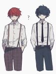  2boys ? blue_eyes blue_hair brown_eyes collared_shirt cropped_legs expressionless hands_in_pockets jitome long_sleeves looking_at_another looking_to_the_side maco22 multiple_boys necktie open_mouth original pants redhead shirt short_hair sketch suspenders sweat white_background 
