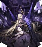  absurdres alchemy_stars areia_(alchemy_stars) black_footwear blonde_hair boots breasts celtic_cross cross highres huge_weapon long_hair looking_at_viewer medium_breasts spikes statue thorns toes very_long_hair weapon yibuzi 