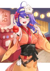  1girl ahoge bare_shoulders breasts candy_apple character_mask detached_sleeves feh_(fire_emblem_heroes) fire_emblem fire_emblem:_path_of_radiance fire_emblem_heroes food food_in_mouth green_eyes hair_between_eyes hairband highres holding holding_skewer japanese_clothes kimono lantern long_hair long_sleeves looking_at_viewer mask mask_on_head mia_(fire_emblem) mia_(yukata)_(fire_emblem) official_alternate_costume one_eye_closed open_mouth orange_kimono paper_lantern skewer solo takaneko white_hairband wide_sleeves yukata 