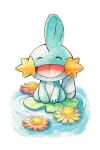  :d ^_^ closed_eyes commentary english_commentary flower happy lily_pad mudkip no_humans oliver_hamlin open_mouth painting_(medium) pink_flower pokemon pokemon_(creature) red_flower simple_background sitting smile solo traditional_media water water_lily_flower watercolor_(medium) white_background yellow_flower 