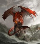  alectorfencer animal_focus artist_name castle claws clouds cloudy_sky commentary day dragon english_commentary fantasy fog full_body glowing_mouth grey_sky horns no_humans on_building open_mouth original outdoors red_scales rock sky solo tail torn_wings tree web_address western_dragon wings 