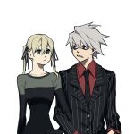  1boy 1girl black_dress black_necktie black_ribbon blonde_hair closed_mouth dress english_commentary green_eyes hair_ribbon highres jacket locked_arms long_sleeves looking_at_another ma0ma0_0 maka_albarn necktie red_eyes red_shirt ribbon sharp_teeth shirt short_hair soul_eater soul_evans striped_clothes striped_jacket suit teeth twintails vertical-striped_clothes vertical-striped_jacket white_hair 