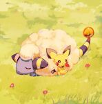  absurdres black_eyes blue_skin body_fur closed_eyes colored_skin flower fluffy highres holding holding_flower mareep nature no_humans on_grass outdoors pichu pokemon pokemon_(creature) sitting sleeping smile su_(sajo_su5) trait_connection yellow_fur 