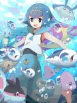  1girl :d bare_arms barefoot blue_eyes blue_hair blue_sailor_collar bright_pupils bruxish commentary finneon fish hairband highres horsea lana_(pokemon) looking_at_viewer luvdisc mantyke open_mouth pants pokemon pokemon_(creature) pokemon_sm sailor_collar shabana_may shirt short_hair sleeveless sleeveless_shirt smile staryu swimsuit swimsuit_under_clothes underwater white_pupils white_shirt wishiwashi wishiwashi_(solo) 