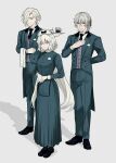  1girl 2boys alternate_costume antonio_salieri_(fate) arms_behind_back badge black_footwear black_necktie breasts buttons coffee_mug collared_shirt commentary_request cup edmond_dantes_(fate) expressionless fate/grand_order fate_(series) frilled_shirt_collar frills full_body green_jacket green_pants green_shirt green_skirt grey_background grey_eyes grey_hair hair_between_eyes hair_over_one_eye hairband hand_on_own_chest hand_up highres holding holding_tray jacket jeanne_d&#039;arc_alter_(fate) light_smile long_hair long_skirt long_sleeves looking_at_viewer mug multiple_boys necktie own_hands_together pants parted_lips red_eyes shadow shirt short_hair sidelocks simple_background skirt split_ponytail sugar_cube sumi_(gfgf_045) towel_on_arm tray unbuttoned very_long_hair white_hairband white_shirt 