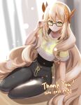  1girl artist_name black_pants blonde_hair butterfly_hair_ornament celine_(fire_emblem) closed_mouth commission dated fire_emblem fire_emblem_engage glasses green_eyes hair_ornament highres long_hair looking_at_viewer official_alternate_costume pants shirt short_sleeves silken_tofu sitting skeb_commission smile solo thank_you training_outfit_(fire_emblem_engage) very_long_hair yokozuwari 