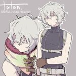  1boy artist_name bags_under_eyes bare_shoulders belt detached_sleeves fingerless_gloves gloves gnosia grey_eyes grey_hair hair_between_eyes hood looking_at_viewer male_focus raciraci_tatan remnan_(gnosia) short_hair simple_background solo violet_eyes 