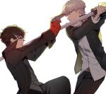  2boys amamiya_ren backlighting black_coat black_hair black_jacket black_pants closed_mouth coat domino_mask from_side gakuran gloves grey_eyes grey_hair grey_vest gun gun_to_head handgun highres holding holding_gun holding_sword holding_weapon jacket katana long_sleeves male_focus mask multiple_boys narukami_yuu on_one_knee open_clothes open_coat open_jacket pants persona persona_4 persona_5 persona_q2:_new_cinema_labyrinth persona_q_(series) red_gloves room_rem school_uniform serious shirt short_hair simple_background sword vest weapon white_background white_mask white_shirt yasogami_school_uniform 