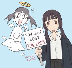  2girls black_hair brown_eyes comedy duo female hitsuji_(hitsujigoods) hitsujigoods holding holding_sign looking_at_viewer pointing sign simple_background skirt smile the_game 