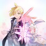  1boy absurdres ahoge blonde_hair cowboy_shot ear_piercing gladion_(pokemon) gladion_(sygna_suit)_(pokemon) grey_pants hair_over_one_eye highres jacket looking_at_viewer magearna magearna_(normal) mechanical_arms official_alternate_costume open_clothes open_jacket outstretched_arm pants piercing pokemon pokemon_(creature) pokemon_masters_ex yue_(jinziyuezi) 