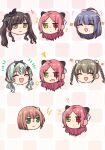  6+girls :d ? ^_^ amamiya_sophia_seren assault_lily black_flower blush bow braid brown_hair chibi closed_eyes closed_mouth commentary flower flower_(symbol) flying_sweatdrops french_braid fukuyama_jeanne_sachie green_bow green_eyes green_hair grey_bow grey_hair grid_background hair_bow hair_flower hair_ornament hair_ribbon hairpods half_updo head_only heterochromia kamigoori_marimo kishimoto_lucia_raimu lightning_bolt_symbol long_hair looking_ahead looking_at_another looking_to_the_side low_twintails mole mole_under_eye multiple_girls multiple_views nigari_(ngari_0115) notice_lines one_side_up open_mouth orange_hair parted_bangs pink_background pink_bow puff_of_air red_eyes redhead ribbon shiba_tomoshibi short_hair sideways_glance smile squiggle sweatdrop twin_braids twintails ueda_imari v-shaped_eyebrows wavy_hair wavy_mouth white_ribbon yellow_flower 