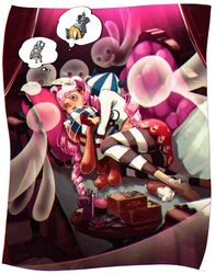  1girl black_eyes box couch crying crying_with_eyes_open drill_hair fujisee gecko_moria ghost highres hug kumacy long_hair lying on_couch on_side one_piece perona pillow pink_hair pout red_skirt scissors shirt skirt striped_clothes striped_thighhighs stuffed_toy table tears thigh-highs thought_bubble twin_drills two-tone_thighhighs white_shirt 